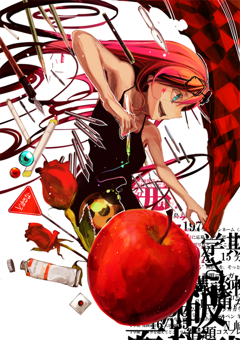 bad_id bad_pixiv_id blue_eyes bug dice flower glasses insect ladybug marker multicolored_hair original paint pen pencil rose shimadoriru sign solo star stop_sign tablecloth wooden_pencil
