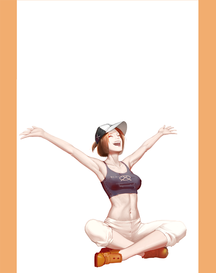 brown_hair closed_eyes crop_top full_body hat indian_style navel open_mouth original outstretched_arms sdr1989 short_hair sitting smile solo