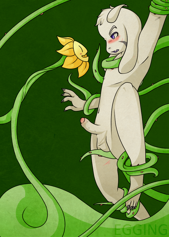 anthro asriel_dreemurr balls bdsm blush bondage bound caprine egging_(artist) erection flowey_the_flower fur goat horn long_ears male mammal monster nude penetration penis plant selfcest sex simple_background smile square_crossover undertale video_games white_fur