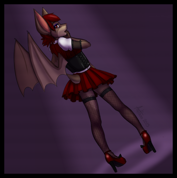2015 anthro antiroo bat bossy_the_bat breasts brown_fur butt clothed clothing cute dress female film_grain finger_in_mouth fishnet fur hair high_heels legwear looking_at_viewer mammal open_mouth red_hair simple_background slutty_clothing small_breasts stage thigh_highs wings young