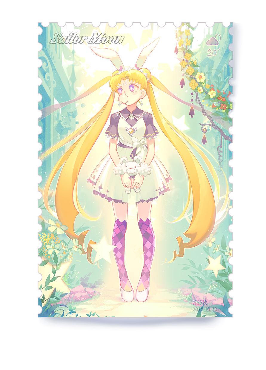 animal_ears artist_name bishoujo_senshi_sailor_moon blonde_hair bubble_blowing bunny_ears chewing_gum copyright_name dated double_bun dress earrings facial_mark fake_animal_ears flower forehead_mark full_body highres jewelry kneehighs long_hair md5_mismatch plant purple_eyes ribbon sdr1989 solo stamp star stuffed_animal stuffed_toy teddy_bear tsukino_usagi twintails very_long_hair vines
