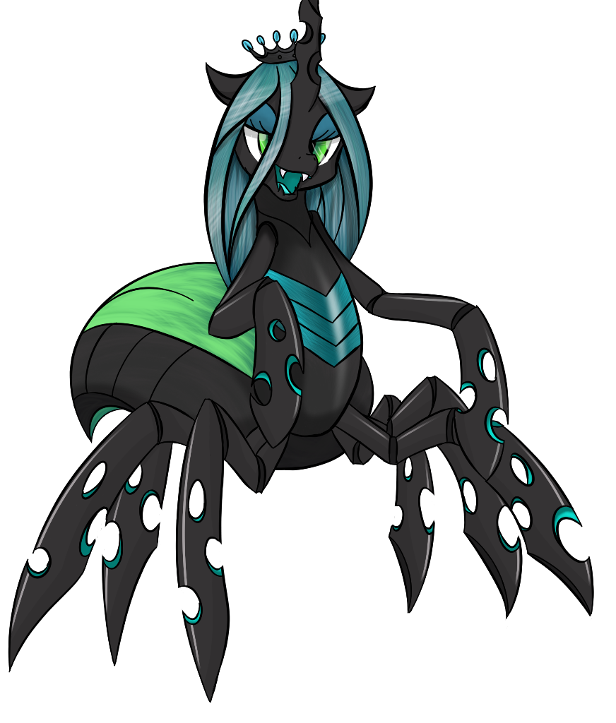 2015 8_legs arachnid arthropod changeling crown drider eight_legs fangs female friendship_is_magic green_eyes green_hair hair holes horn hybrid my_little_pony queen_chrysalis_(mlp) simple_background slit_pupils solo spider tebasaki white_background