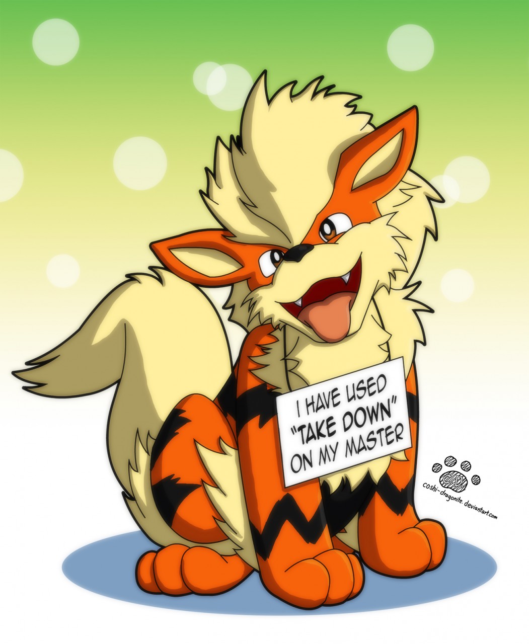 2014 ambiguous_gender arcanine black_fur blonde_hair canine coshi-dragonite cute english_text feral fur hair looking_at_viewer mammal nintendo nude open_mouth paws pok&eacute;mon pok&eacute;shaming red_eyes red_fur sign sitting smile solo stripes teeth text tongue tongue_out video_games yellow_fur