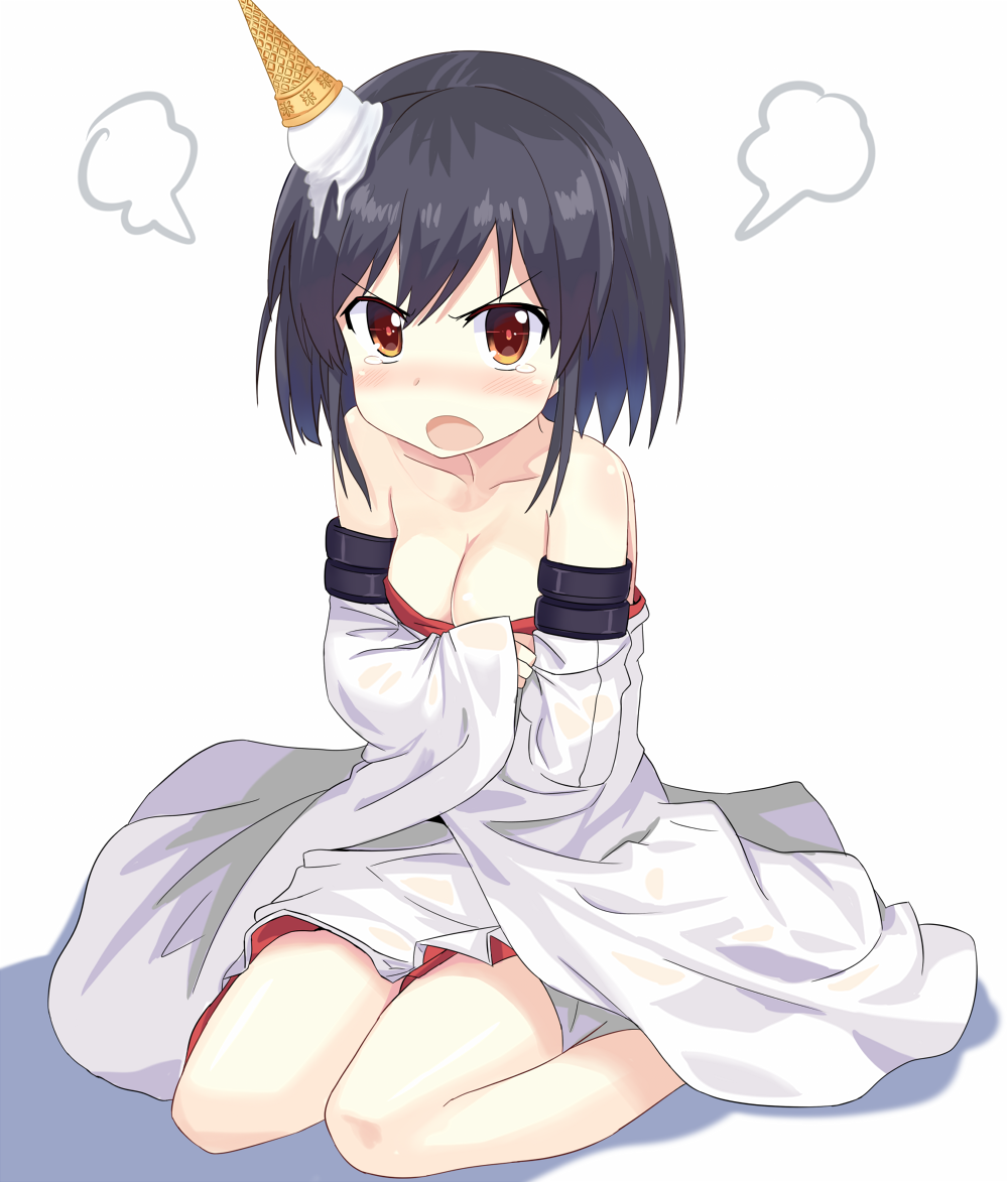 annoyed bad_id bad_pixiv_id bare_shoulders black_hair blush breasts cleavage crossed_arms detached_sleeves enusabu_(enusub) ice_cream_cone ice_cream_cone_on_head kantai_collection looking_at_viewer medium_breasts open_mouth red_eyes short_hair sitting solo strapless tearing_up wariza yamashiro_(kantai_collection)