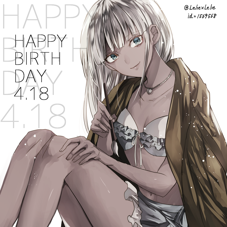 bangs blue_eyes breasts cleavage danganronpa dark_skin dated eyebrows_visible_through_hair front-tie_bikini front-tie_top grey_bikini_top grey_skirt hand_on_own_knee happy_birthday holding_brush long_hair looking_at_viewer miniskirt navel new_danganronpa_v3 ribbon shell_necklace shiny shiny_skin silver_hair sitting skirt small_breasts smile solo strapless strapless_bikini twitter_username white_background white_ribbon yonaga_angie z-epto_(chat-noir86)