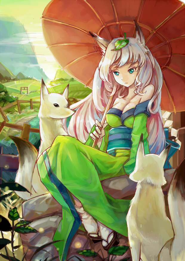 animal_ears bare_shoulders breasts fox fox_ears large_breasts leaf leaf_on_head long_hair oboro_muramasa oriental_umbrella sitting solo spark_(sandro) umbrella yuzuruha