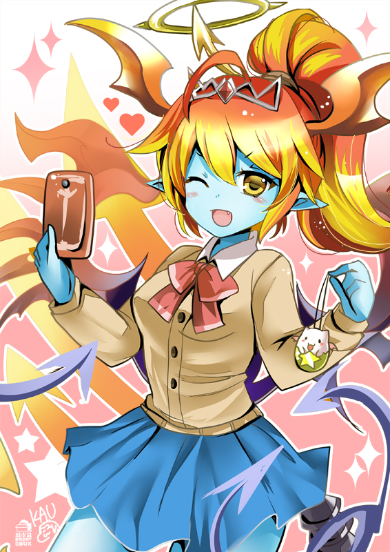 ;d ahoge blonde_hair blue_skin blue_skirt bow buttons cellphone demon_girl demon_wings directional_arrow halo heart hera-ur_(p&amp;d) hera_(p&amp;d) horns long_hair long_sleeves multicolored_hair one_eye_closed open_mouth phone pointy_ears ponytail puzzle_&amp;_dragons red_hair school_uniform siukaukau24 skirt smile solo star tail tamadra tiara two-tone_hair wings yellow_eyes