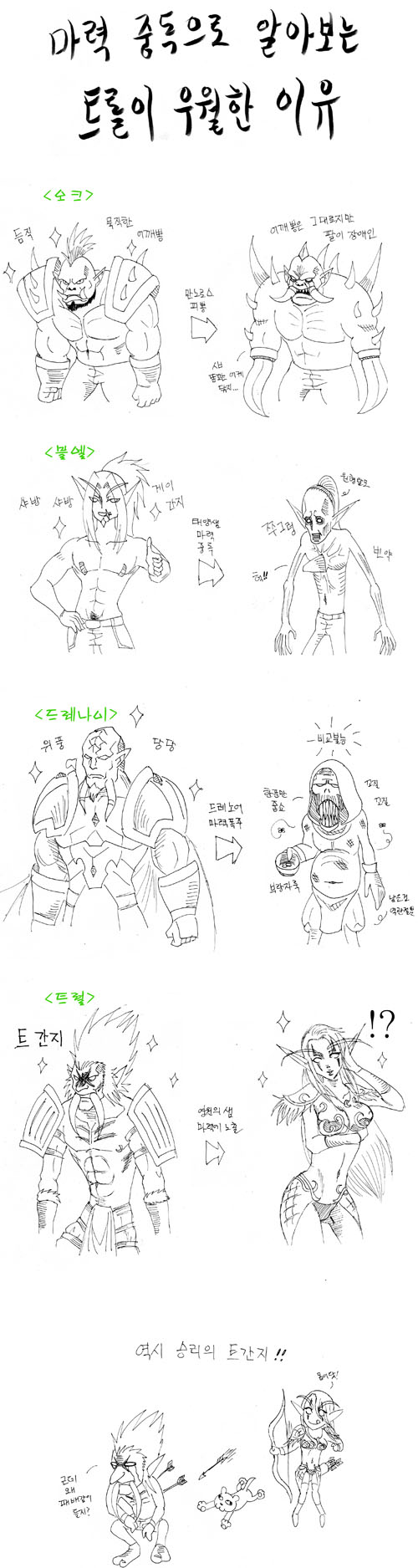 5boys armor bikini_armor blood_elf bow_(weapon) draenei elf highres korean long_image monochrome multiple_boys night_elf orc partially_translated pointy_ears tall_image translation_request troll warcraft weapon world_of_warcraft