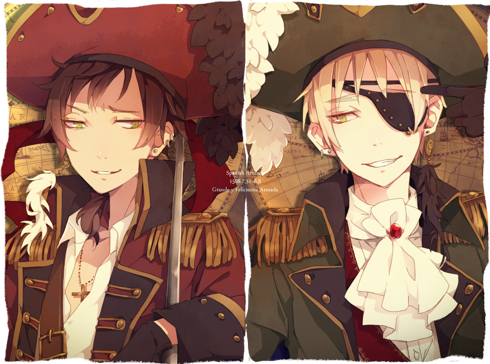 axis_powers_hetalia black_gloves cross cross_necklace earrings epaulettes eyepatch face gloves hat jewelry male_focus map multiple_boys necklace spain_(hetalia) united_kingdom_(hetalia) upper_body yugake_(mrnmrm)