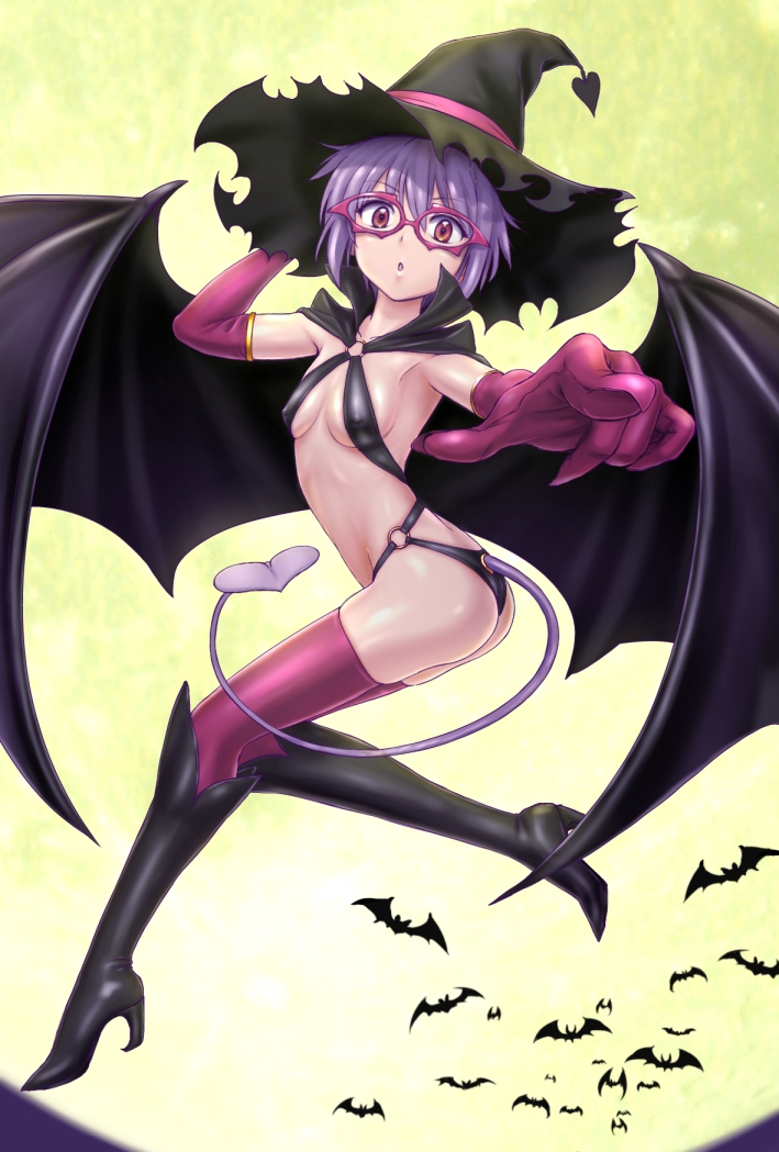 akahige ass bat boots brown_eyes commentary demon_tail demon_wings elbow_gloves foreshortening full_moon glasses gloves hat knee_boots moon nagato_yuki o-ring pointing purple_hair short_hair slingshot_swimsuit solo suzumiya_haruhi_no_yuuutsu swimsuit tail thighhighs wings witch_hat