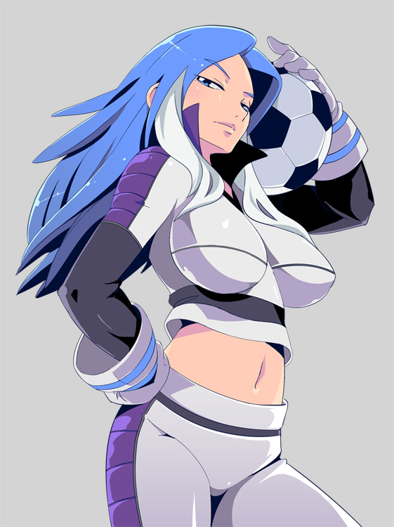 9aki bad_id bad_pixiv_id ball blue_eyes blue_hair breasts gloves hand_on_hip inazuma_eleven inazuma_eleven_(series) large_breasts long_hair midriff multicolored_hair navel simple_background soccer_ball solo telstar the_genesis urubida white_hair