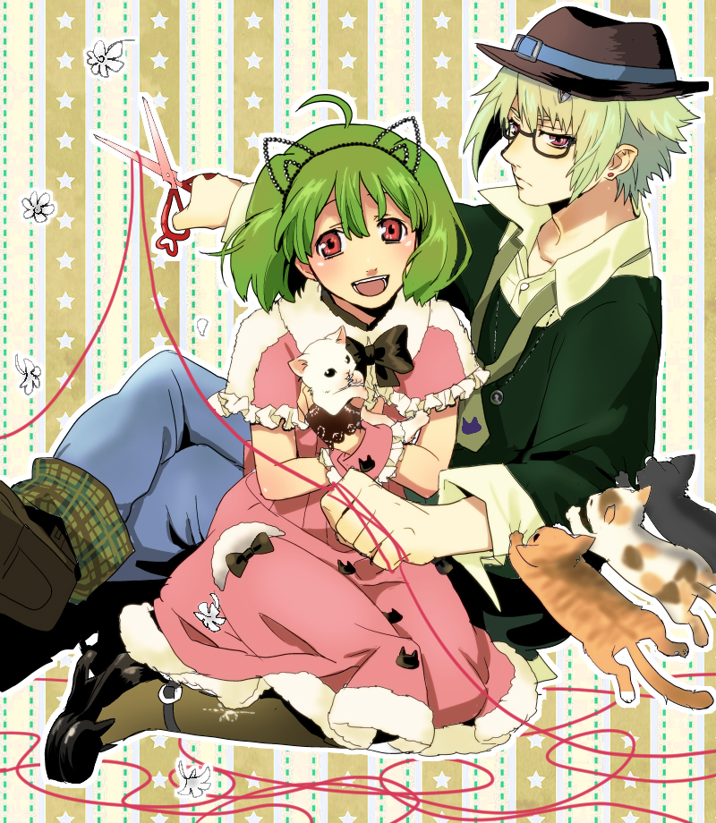 1boy 1girl ahoge alternate_costume animal animal_ears bespectacled black_cat bow brera_sterne brother_and_sister calico cat cat_ears cero_(cerocero) dress fake_animal_ears frills fur_trim glasses green_hair hairband hat holding holding_animal holding_cat kitten looking_at_viewer macross macross_frontier open_mouth pantyhose pink_dress pointy_ears ranka_lee red_eyes red_string scissors short_hair siblings smile string white_cat wrist_cuffs