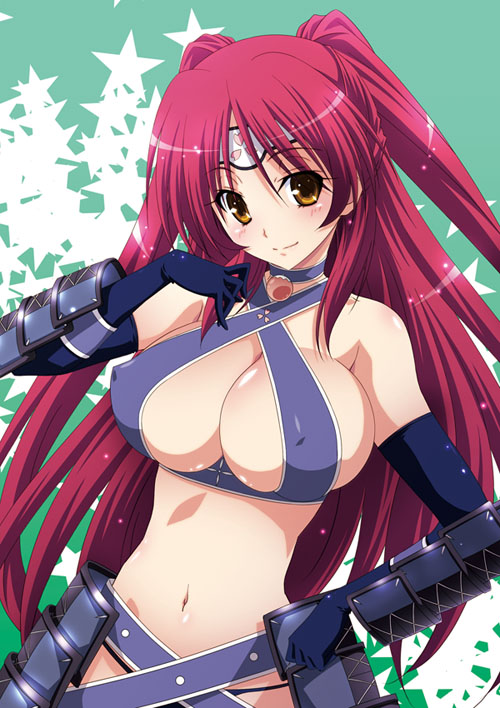 alternate_costume armor bikini bikini_armor blush body_blush breasts cleavage covered_nipples criss-cross_halter cross-laced_clothes forehead_protector gloves halterneck izumi_mahiru kousaka_tamaki large_breasts long_hair looking_at_viewer navel red_hair shiny shiny_skin smile solo swimsuit to_heart_2 to_heart_2_dungeon_travelers twintails two_side_up yellow_eyes