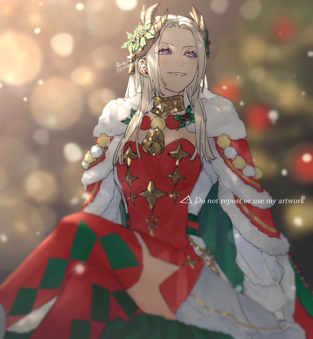 1girl 91007 bell cape christmas dress edelgard_von_hresvelg fire_emblem fire_emblem:_three_houses fire_emblem_heroes highres horns patterned_legwear purple_eyes smile snow thighhighs white_hair