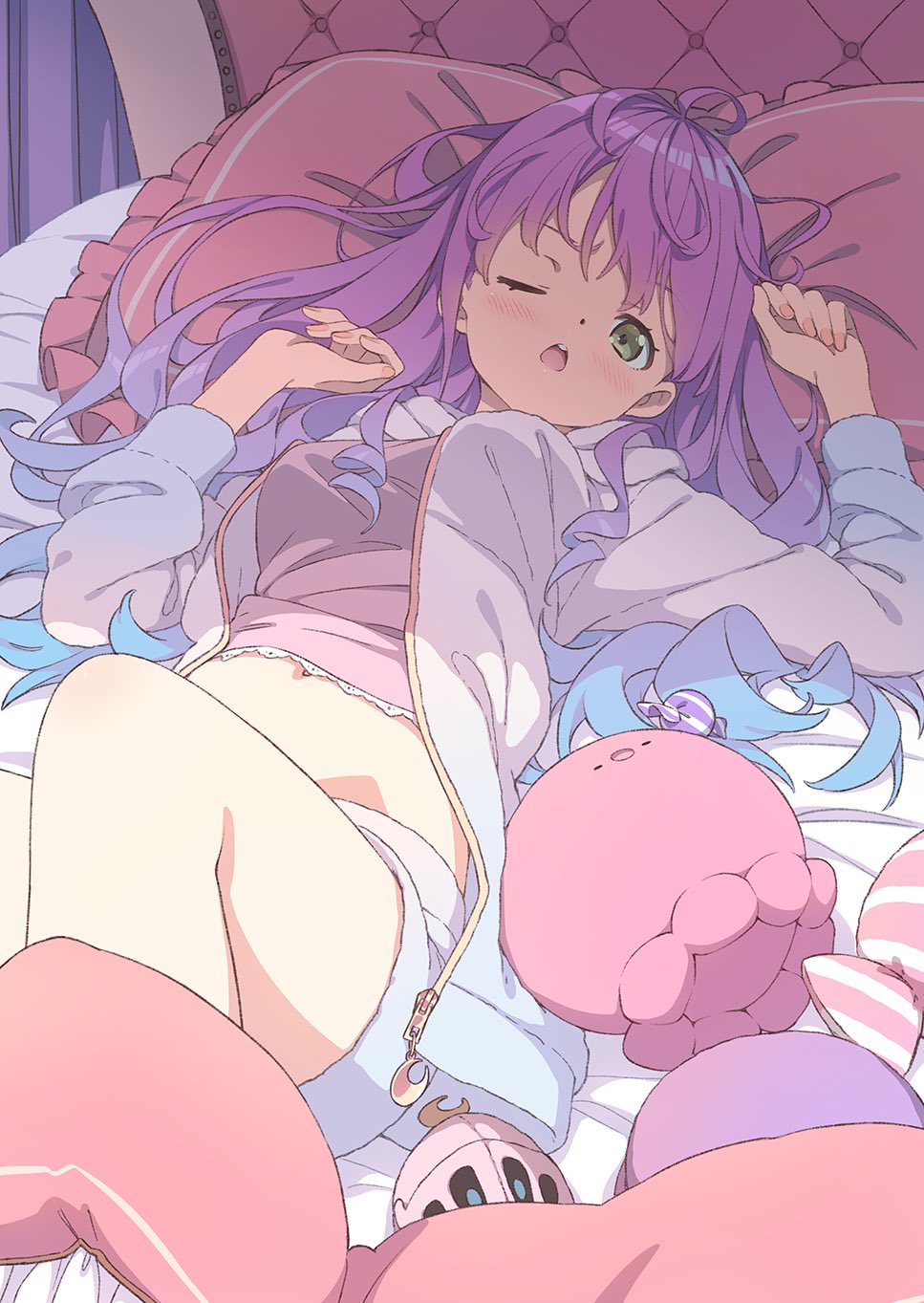 1girl ahoge angry bed bedroom blue_hair blush breasts candy commentary crescent-shaped_pupils dot_nose food gradient_hair green_eyes head_on_pillow highres himemori_luna hololive hood hood_down hoodie indoors kanzaki_hiro long_hair long_sleeves looking_at_viewer luknight_(himemori_luna) lying medium_breasts midriff multicolored_hair on_back on_bed one_eye_closed open_clothes open_hoodie open_mouth pillow pink_hair pink_shirt shirt shorts sidelocks solo teeth two-tone_hair unzipped upper_teeth_only white_hoodie white_shorts zipper