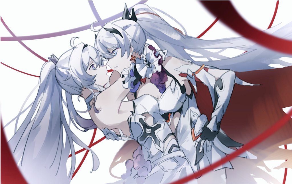 2girls ahoge armor armored_leotard bare_shoulders blue_eyes breasts cape closed_mouth cowboy_shot cross cross_earrings dual_persona earrings elbow_gloves expressionless gauntlets gloves hair_between_eyes hair_ornament high_ponytail honkai_(series) honkai_impact_3rd jewelry kiana_kaslana kiana_kaslana_(herrscher_of_finality) kiana_kaslana_(herrscher_of_flamescion) long_hair looking_at_another multiple_girls open_mouth ponytail shiying_no_yao standing torn_cape torn_clothes very_long_hair white_hair