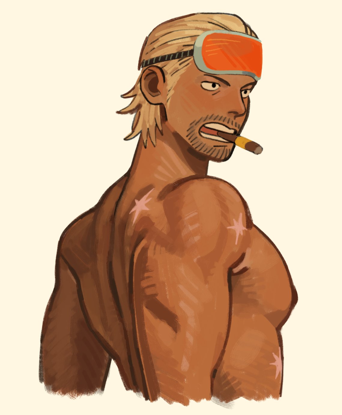 1boy back bara beard_stubble blonde_hair cigar cropped_torso dark-skinned_male dark_skin goggles goggles_on_head hair_slicked_back highres jakkenpoy looking_ahead male_focus medium_hair mouth_hold muscular muscular_male mustache_stubble nipples one_piece open_mouth orange-tinted_eyewear paulie pectorals scar scar_on_back scar_on_chest scar_on_shoulder simple_background solo tinted_eyewear topless_male yellow_background