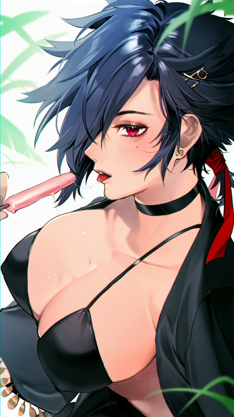 1girl bikini black_bikini black_choker black_hair black_jacket blush breasts choker commentary_request earrings final_fantasy final_fantasy_xiv food hair_ornament hair_ribbon highres holding holding_food holding_popsicle jacket jewelry large_breasts looking_at_viewer melting mole mole_under_eye open_clothes open_jacket open_mouth pink_eyes popsicle profile red_ribbon ribbon saliva saliva_trail sexually_suggestive shishamo_712 short_hair sideways_glance solo sweatdrop swimsuit tongue tongue_out upper_body very_short_hair warrior_of_light_(ff14)