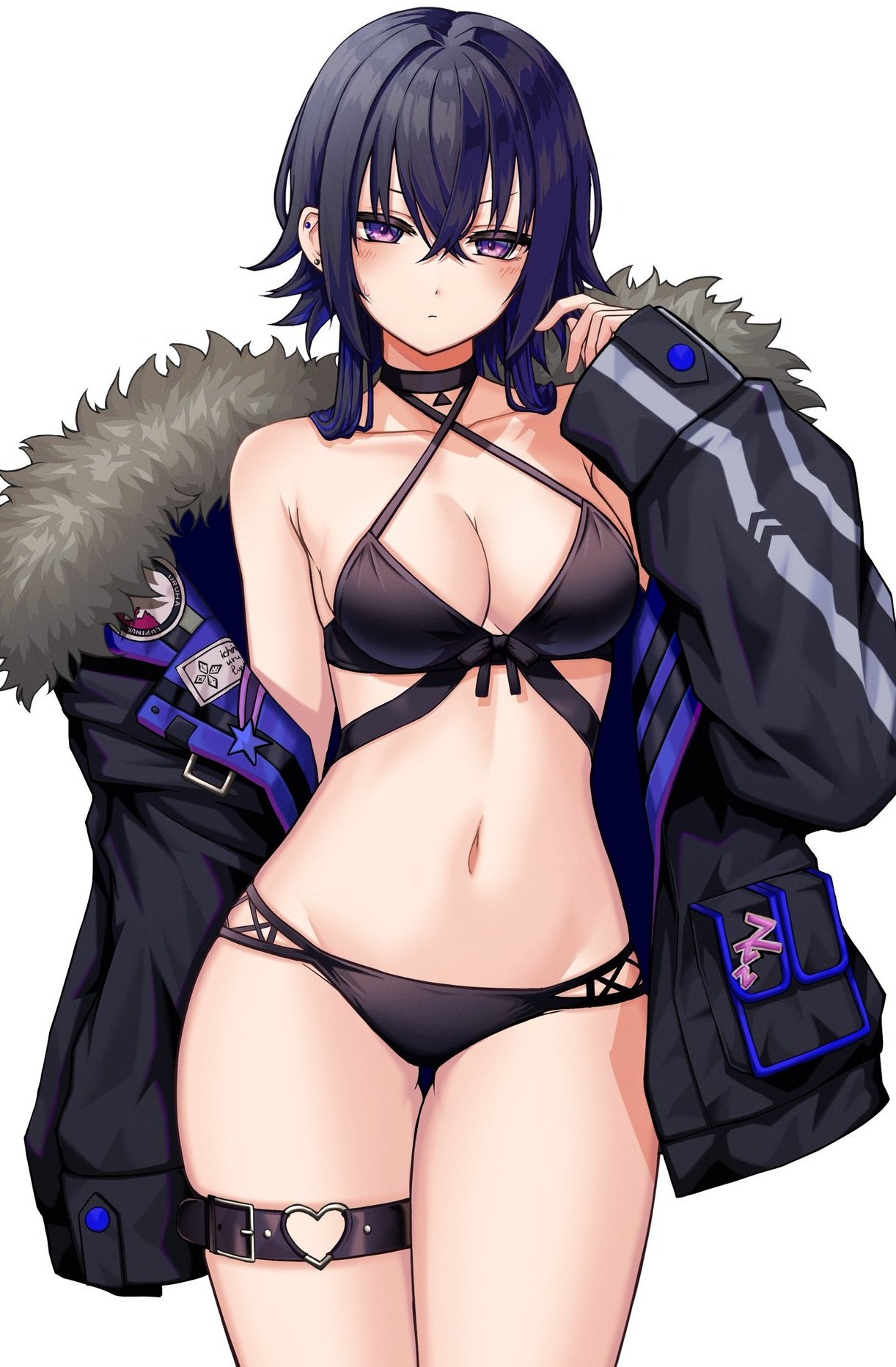1girl bare_shoulders bikini black_bikini black_hair black_jacket blush breasts choker cleavage closed_mouth collarbone commentary_request criss-cross_halter ear_piercing fur-trimmed_jacket fur_trim groin_tendon halterneck hand_up heart_o-ring highres ichinose_uruha jacket kushinaka long_hair long_sleeves looking_at_viewer lupinus_virtual_games medium_breasts multicolored_hair navel open_clothes open_mouth piercing purple_eyes sidelocks simple_background solo swimsuit thigh_strap two-tone_hair virtual_youtuber vspo! white_background