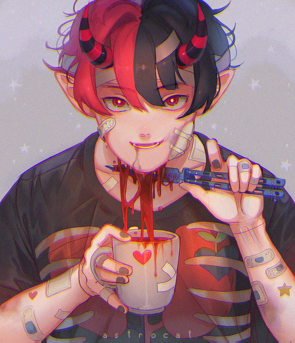 1boy artist_name astrocatsama bandaged_fingers bandaged_head bandages bandaid bandaid_on_arm bandaid_on_cheek bandaid_on_face bandaid_on_neck black_hair black_horns black_nails black_shirt black_sleeves blood_drip commentary cup demon_horns english_commentary grey_background guro harajuku_fashion heart_stickers holding holding_cup holding_knife horns implied_self-mutilation knife leaning_forward lower_teeth_only lungs male_focus mug multicolored_hair multicolored_horns nail_polish open_mouth original pointy_ears red_eyes red_hair red_horns ribs shirt short_hair short_sleeves slit_throat smile solo star_sticker starry_background straight-on striped_horns t-shirt teeth two-tone_hair two-tone_horns upper_body very_short_hair