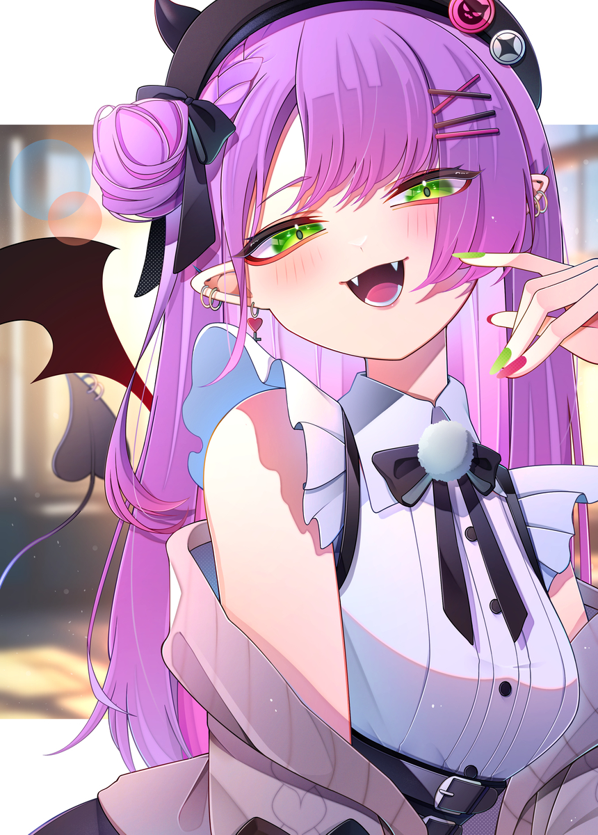 1girl :d asymmetrical_bangs asymmetrical_hair badge belt beret black_bow black_headwear black_ribbon black_skirt blush bow braid breasts button_badge buttons cardigan clothes_down colored_inner_hair demon_tail demon_wings doom_yorusen ear_piercing earrings evil_smile fake_horns fangs frills green_eyes grey_cardigan hair_bow hair_bun hair_ornament hairclip hat hat_pin high-waist_skirt highres hololive horned_headwear horns jewelry light_particles long_hair multicolored_hair open_cardigan open_clothes open_mouth piercing pink_hair pleated_sleeves pointy_ears pom_pom_(clothes) purple_eyes ribbon shirt single_braid single_hair_bun single_side_bun skirt sleeveless sleeveless_shirt smile solo spiked_ear_piercing suspender_skirt suspenders tail tail_ornament tail_piercing tokoyami_towa two-tone_hair virtual_youtuber wing_collar wings x_hair_ornament