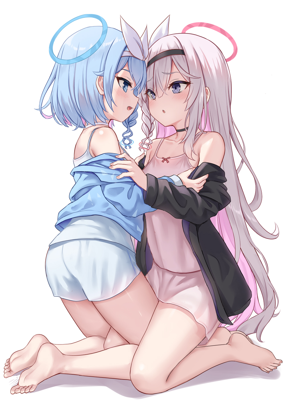2girls arona_(blue_archive) bare_shoulders barefoot black_hairband black_jacket blue_archive blue_eyes blue_hair blue_jacket blue_shorts blush bow bow_hairband braid breasts chinese_commentary choker collarbone colored_inner_hair commentary_request feet full_body grey_eyes hair_between_eyes hair_over_one_eye hairband halo highres jacket kneeling legs light_blue_hair light_blue_shorts long_hair long_sleeves multicolored_hair multiple_girls no_shoes off_shoulder open_clothes open_jacket open_mouth pink_hair pink_shirt pink_shorts plana_(blue_archive) shadow shimokirin shirt short_hair short_shorts shorts side_braid small_breasts smile soles toes very_long_hair white_background white_hair white_hairband yuri
