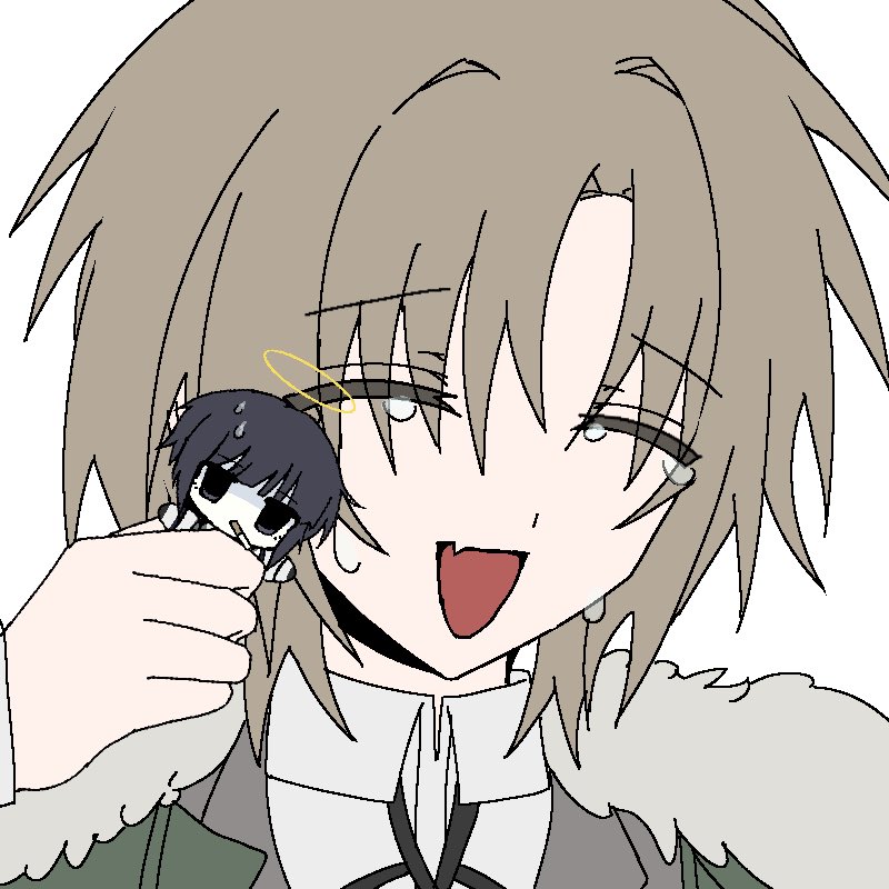 2boys black_eyes black_hair brown_hair cigarette closed_eyes crying facing_viewer fur-trimmed_jacket fur_trim green_jacket grey_background halo higuchi_maya jacket looking_at_viewer male_focus mini_person miniboy multiple_boys nakahara_satori no_salvation open_mouth pale_skin shirt short_hair simple_background smile white_shirt world_execute