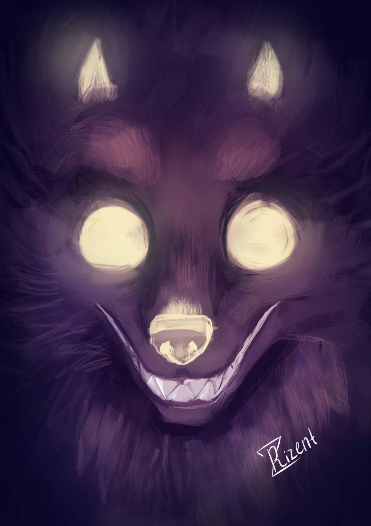 2018 ambiguous_form ambiguous_gender canid canine demon empty_eyes front_view fur glowing glowing_eyes glowing_horn glowing_nose grin headshot_portrait hi_res horn icon looking_at_viewer mammal myte_(rizent) portrait purple_body purple_fur rizent sharp_teeth short_horn small_horn smile solo tan_eyes tan_horn tan_nose teeth