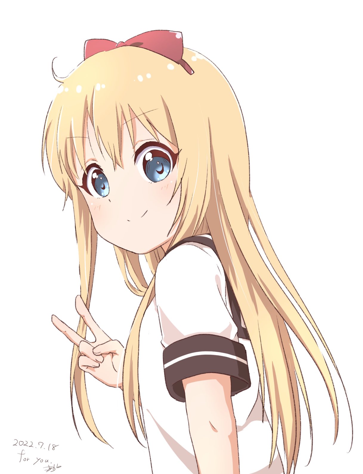 1girl blonde_hair blue_eyes bow cel_shading closed_mouth dated from_side grey_eyes hair_bow highres light_blush long_hair looking_at_viewer mearian red_bow shirt short_sleeves sidelocks signature simple_background smile solo split_mouth toshinou_kyouko upper_body v white_background white_shirt yuru_yuri