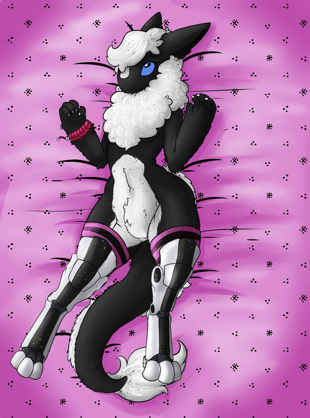 anthro armband black_and_white_fur blue_eyes cybernetic_leg cybernetic_limb dakimakura_design female frostedscales fur hi_res kuno_(doofusdan) lying on_back the_nature_of_predators venlil_(the_nature_of_predators) wool_(fur) wool_hair