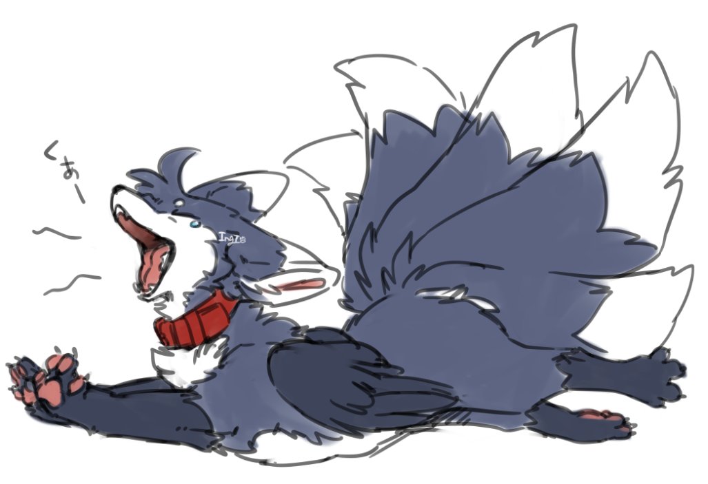 2022 canid canine collar eyes_closed feathered_wings feathers female feral fox fur grey_body grey_fur ingi ingi_(character) kemono lying mammal multi_tail on_front open_mouth side_view signature simple_background solo stretching tail white_background white_body white_fur wings yawn