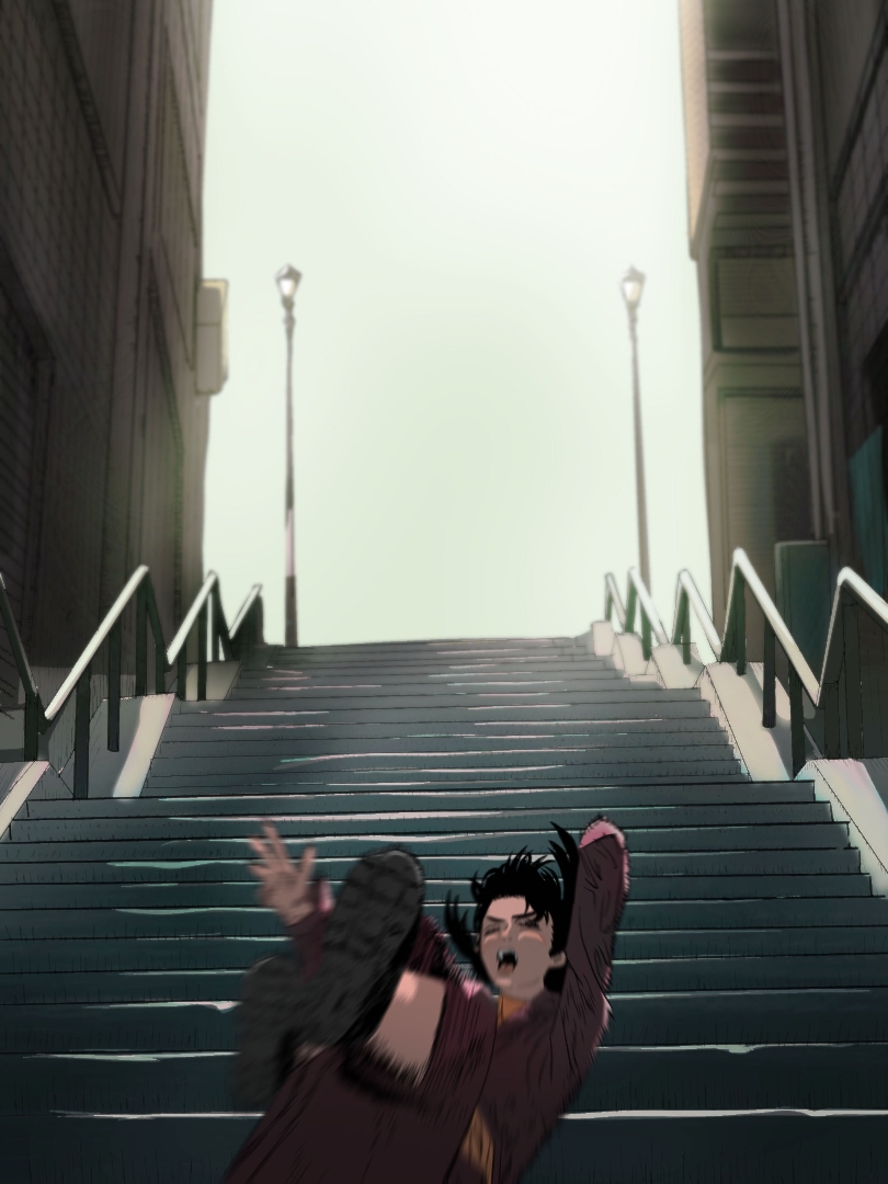1girl artist_request backlighting black_footwear black_hair chainsaw_man closed_eyes joker_(2019) mitaka_asa motion_blur outdoors parody solo stairs tripping you're_doing_it_wrong