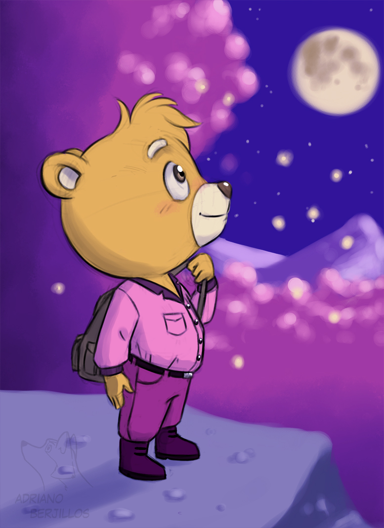 4_fingers anthro arthropod backpack beetle belt boots bottomwear brown_eyes brown_nose clothing corgi_(artist) elateroid fan_character fingers firefly fluffy fluffy_hair footwear fur hair insect looking_at_moon looking_at_stars male moon night pants pink_clothing pink_tree shirt solo star teddy_bear_(species) topwear unicorn_wars yellow_body yellow_fur