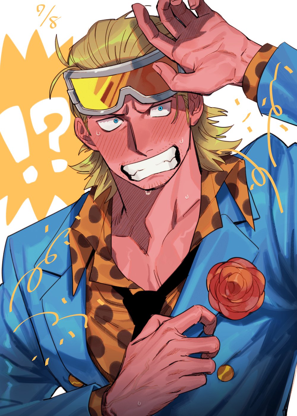 !? 1boy arm_up beard_stubble black_necktie blonde_hair blue_eyes blue_jacket blush body_blush chanko_neru collared_shirt corsage dark-skinned_male dark_skin embarrassed flower goggles goggles_on_head hair_slicked_back highres jacket male_focus medium_hair muscular muscular_male mustache_stubble necktie one_piece orange-tinted_eyewear orange_shirt paulie polka_dot polka_dot_shirt red_flower shirt simple_background solo surprised sweatdrop tinted_eyewear upper_body white_background