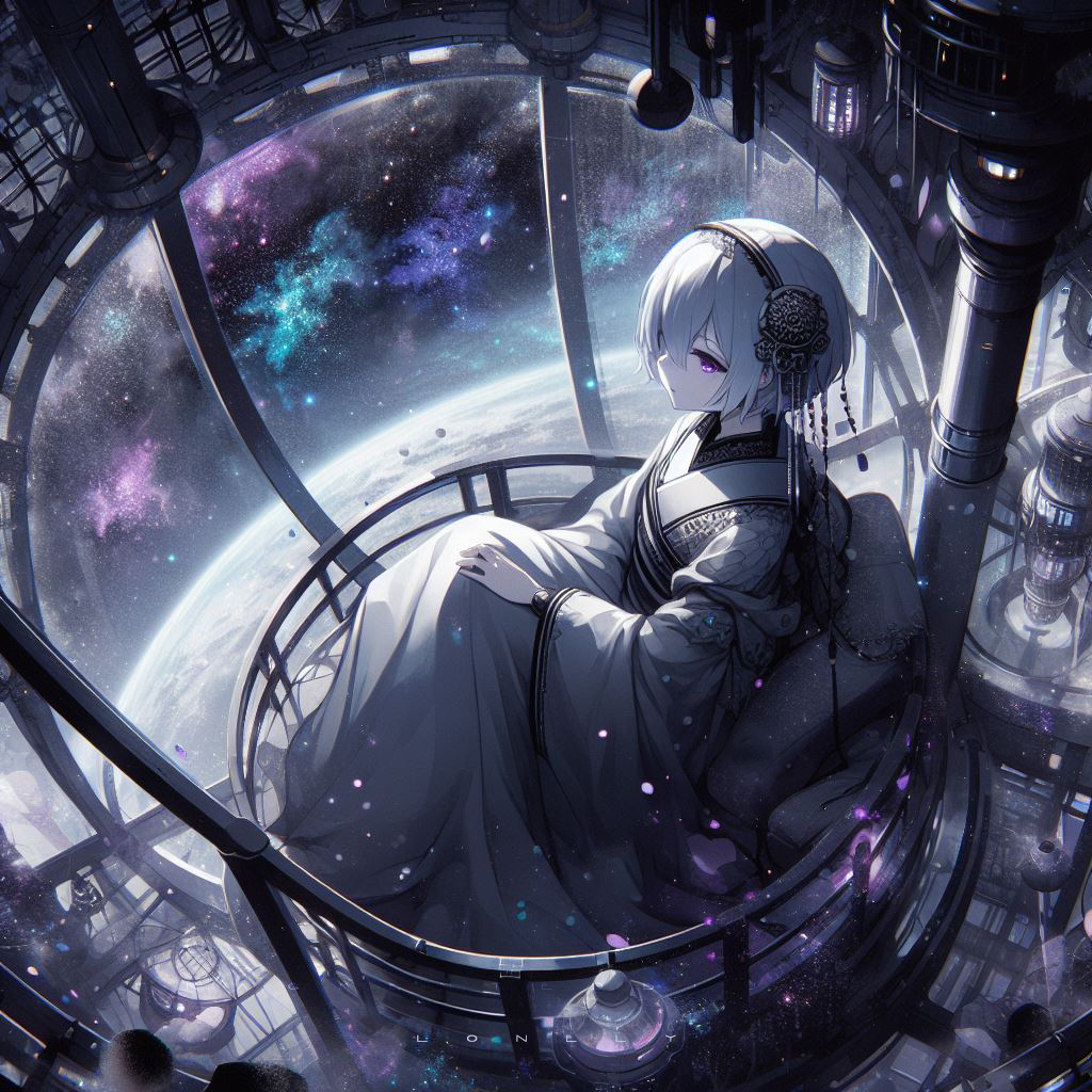 1girl black_hairband english_text fragmentedblue hair_between_eyes hair_ornament hairband hand_on_lap in_orbit japanese_clothes kimono light_particles nebula original planet purple_eyes scenery science_fiction sitting sky space spacecraft spacecraft_interior star_(sky) starry_sky white_hair white_kimono wide_sleeves