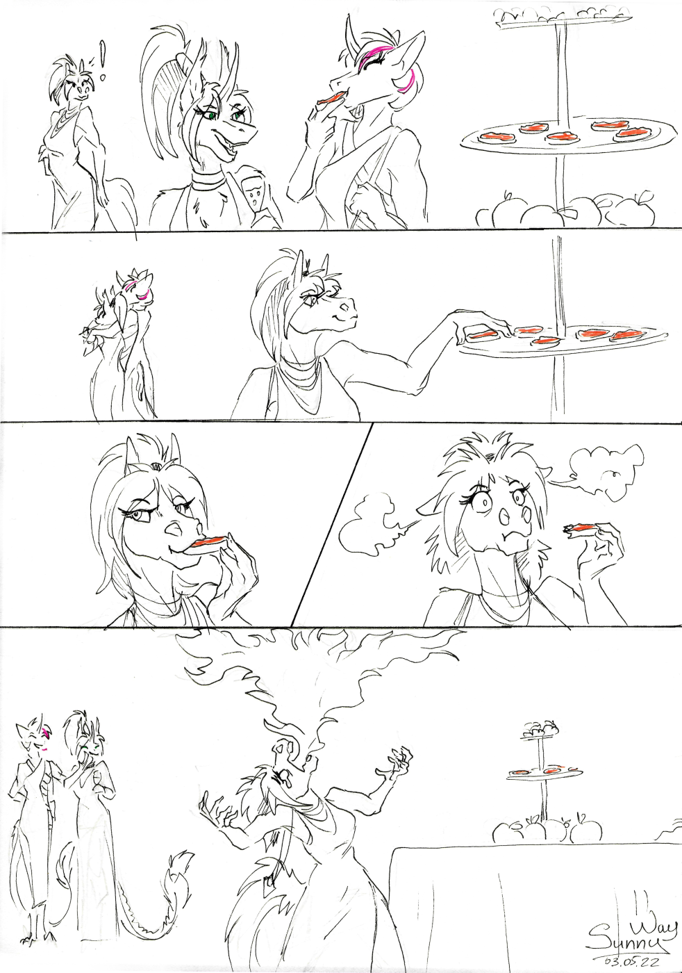 alirfesta_felastis anthro breath_powers clothing comic dress elemental_manipulation equi equid equine equis_universe fire fire_breathing fire_manipulation hi_res horse humor invalid_tag ki'rinaes kirinaes mammal meeting one_page_comic shasehra_gaelehrion spicy sunny_way traditional_media_(artwork)