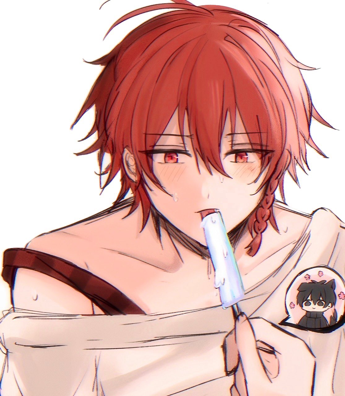2boys black_eyes black_hair food grey_background highres holding holding_food holding_popsicle licking maeno_aki male_focus multiple_boys off-shoulder_sweater off_shoulder popsicle red_eyes red_hair red_tank_top shirt simple_background spoken_character sweater tank_top tongue tongue_out tsugino_haru white_shirt world_execute zeno_(game)