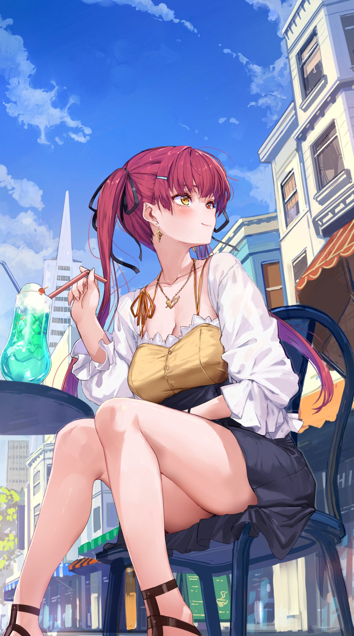 1girl akasaai alternate_costume black_skirt breasts building cleavage closed_mouth day earrings food heart heart_necklace heterochromia highres hololive houshou_marine ice_cream jewelry large_breasts long_hair long_sleeves melon_soda necklace on_chair outdoors pleated_skirt red_eyes red_hair shirt sitting skirt skyscraper smile soda solo spoon tree twintails virtual_youtuber white_shirt yellow_eyes