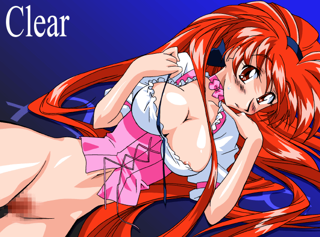 akira_(viper) anna_miller blue_background blush bottomless breasts censored choker cleavage female_pubic_hair high_ponytail kimura_takahiro large_breasts long_hair mosaic_censoring nude official_art photoshop_(medium) pubic_hair red_eyes red_hair ribbon shiny_skin short_sleeves sogna underbust very_long_hair viper waitress