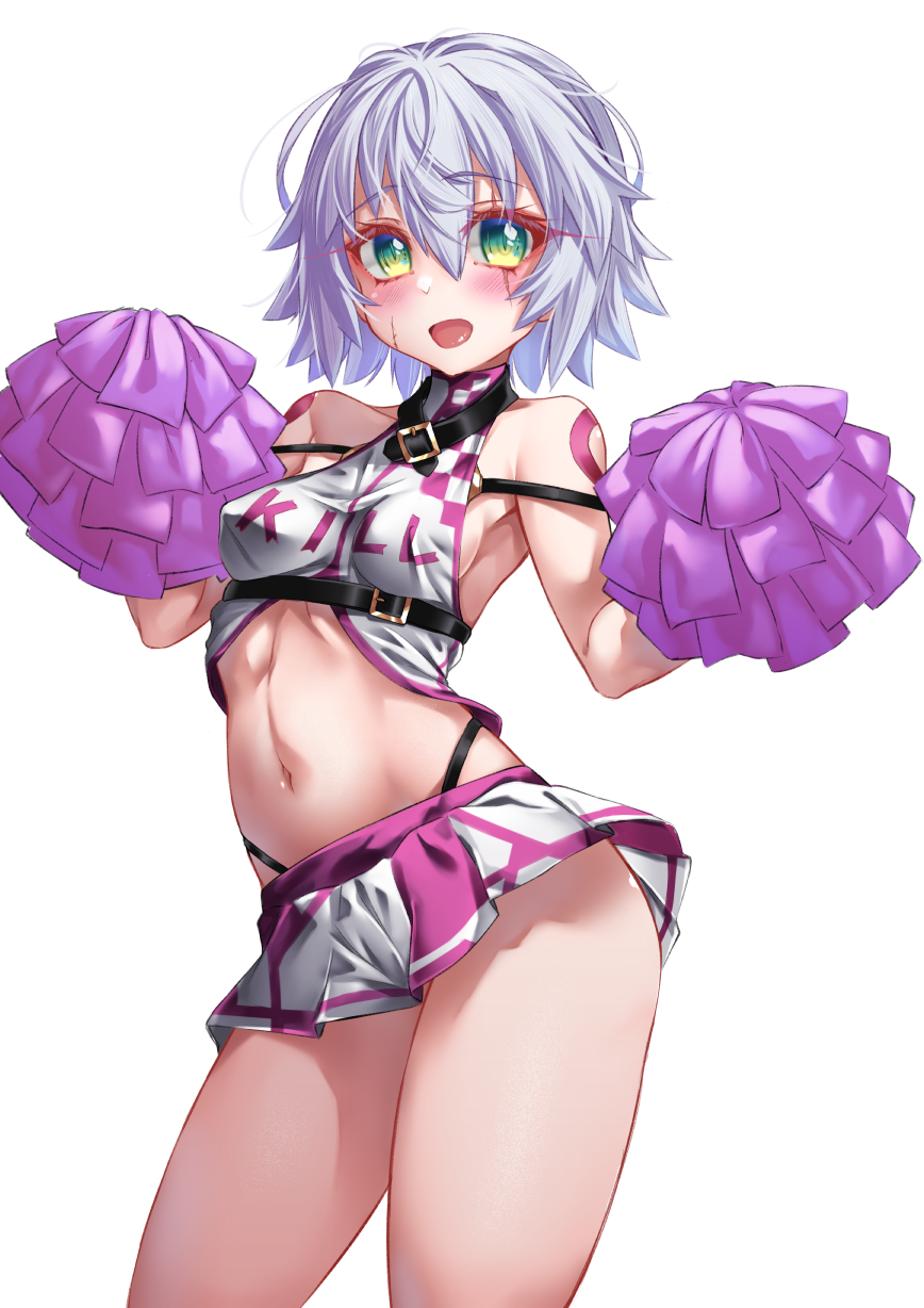 1girl bare_shoulders breasts cheerleader crop_top fate/apocrypha fate_(series) green_eyes hair_between_eyes highres holding holding_pom_poms jack_the_ripper_(fate/apocrypha) looking_at_viewer midriff miniskirt miyabi_urumi navel open_mouth pom_pom_(cheerleading) scar scar_across_eye scar_on_cheek scar_on_face short_hair shoulder_tattoo skirt small_breasts smile solo tattoo white_hair