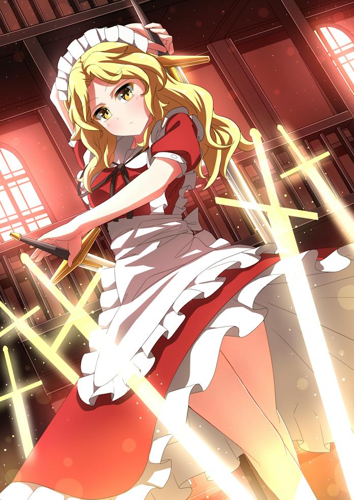 1girl apron arm_up black_ribbon blonde_hair closed_mouth commentary_request commission dress dual_wielding energy_sword expressionless feet_out_of_frame frilled_apron frilled_dress frills hand_up holding holding_sword holding_weapon indoors jpeg_artifacts light_blush light_particles long_hair looking_at_viewer magic maid maid_apron maid_headdress neck_ribbon puffy_short_sleeves puffy_sleeves red_dress ribbon sazanami_mio_(style) shimotsuki_aoi short_sleeves skeb_commission solo standing sword sword_behind_back touhou touhou_(pc-98) upskirt waist_apron weapon weapon_behind_back white_apron window yellow_eyes yumeko_(touhou)