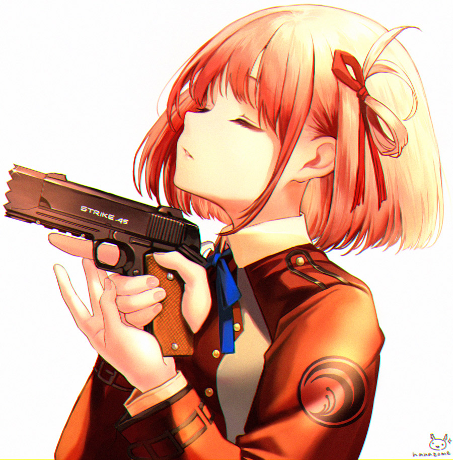 1girl blue_ribbon bob_cut brown_jacket closed_eyes collared_shirt commentary_request derivative_work detonics_combatmaster eyelashes fingernails gun gunslinger_girl hair_ribbon handgun holding holding_gun holding_weapon jacket lycoris_recoil medium_bangs neck_ribbon nishikigi_chisato parted_lips pierorabu pink_hair red_ribbon ribbon shirt short_hair simple_background solo trigger_discipline upper_body weapon white_background white_shirt