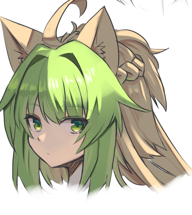 1girl ahoge animal_ears atalanta_(fate) blonde_hair braid closed_mouth cropped_shoulders fate/apocrypha fate_(series) green_eyes green_hair long_hair looking_at_viewer multicolored_hair nahu portrait sidelocks simple_background solo two-tone_hair white_background