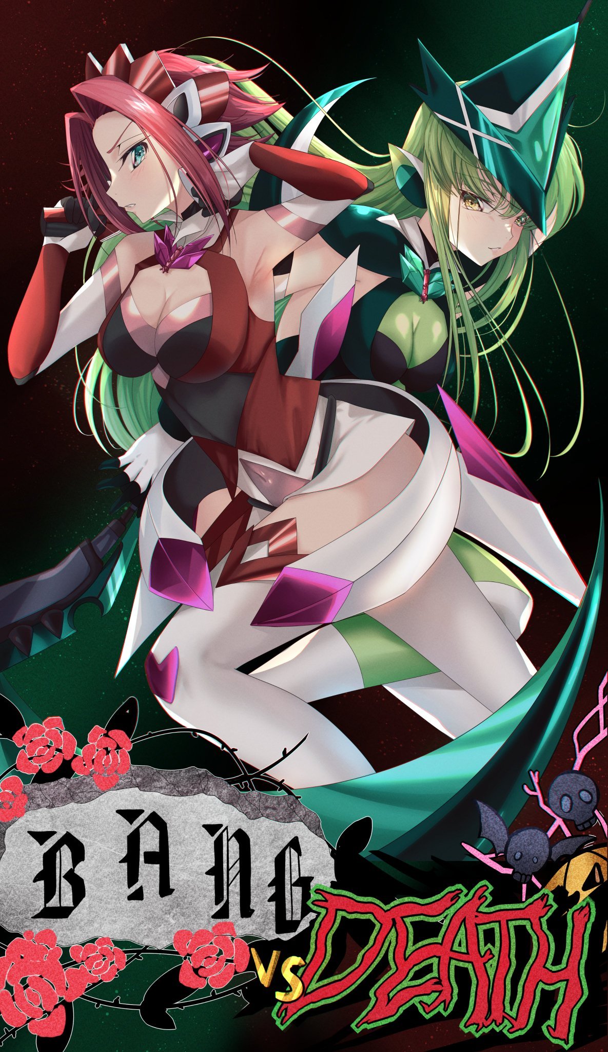 2girls akatsuki_kirika akatsuki_kirika_(cosplay) aqua_eyes armpits bare_shoulders breasts budgiepon c.c. character_request cleavage cleavage_cutout clothing_cutout code_geass commentary_request cosplay elbow_gloves english_text feet_out_of_frame floating_hair flower from_side frown gloves green_hair green_headwear hands_up highres kallen_stadtfeld large_breasts long_hair looking_at_viewer multiple_girls parted_lips profile red_flower red_gloves red_hair red_rose rose senki_zesshou_symphogear short_hair simple_background skin_tight smile thighhighs v-shaped_eyebrows very_long_hair white_thighhighs yellow_eyes