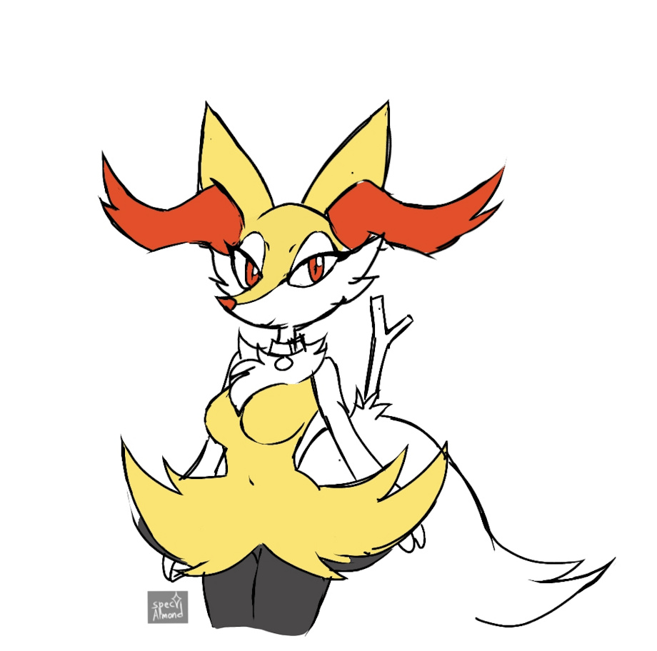 anthro braixen breasts canid canine chest_tuft collar collar_only digital_media_(artwork) female fluffy fluffy_tail fox fox_tail fur generation_6_pokemon inner_ear_fluff looking_at_viewer mammal navel nintendo nude pokemon pokemon_(species) red_eyes simple_background smile solo spec_almond_(artist) standing stick tail thick_thighs tuft white_background yellow_body yellow_fur