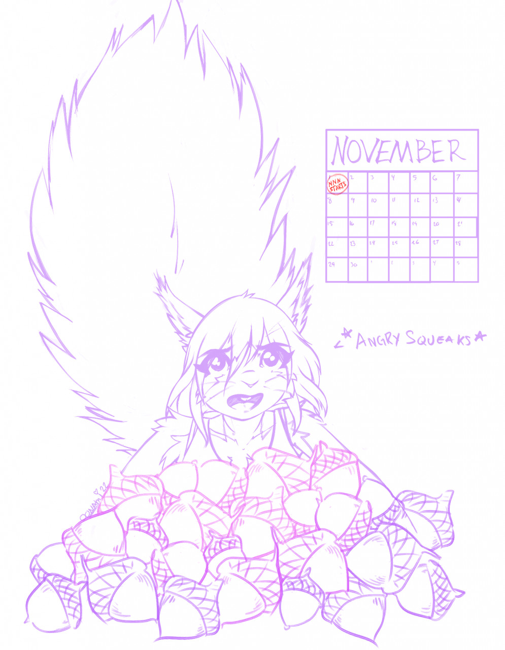 2022 acorn ami_(oonami) anthro buckteeth calendar clothed clothing ear_tuft english_text eurasian_red_squirrel female food fruit fur hair hi_res mammal meme monochrome no_nut_november nut_(fruit) oonami open_mouth plant purple_and_white rodent sciurid solo teeth text tree_squirrel tuft