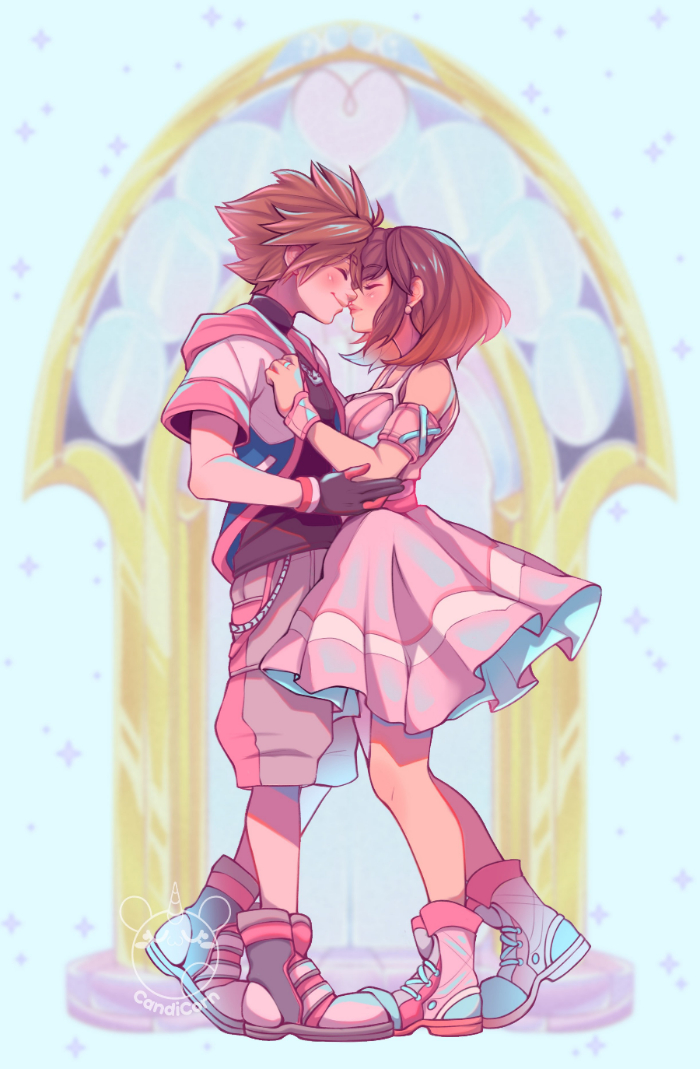 1boy 1girl artist_name black_gloves brown_hair candicornart closed_eyes commentary dress earrings english_commentary face-to-face gloves hetero hood jewelry kairi_(kingdom_hearts) kingdom_hearts medium_hair multicolored_clothes pink_dress pink_footwear red_hair ring short_sleeves smile sora_(kingdom_hearts)