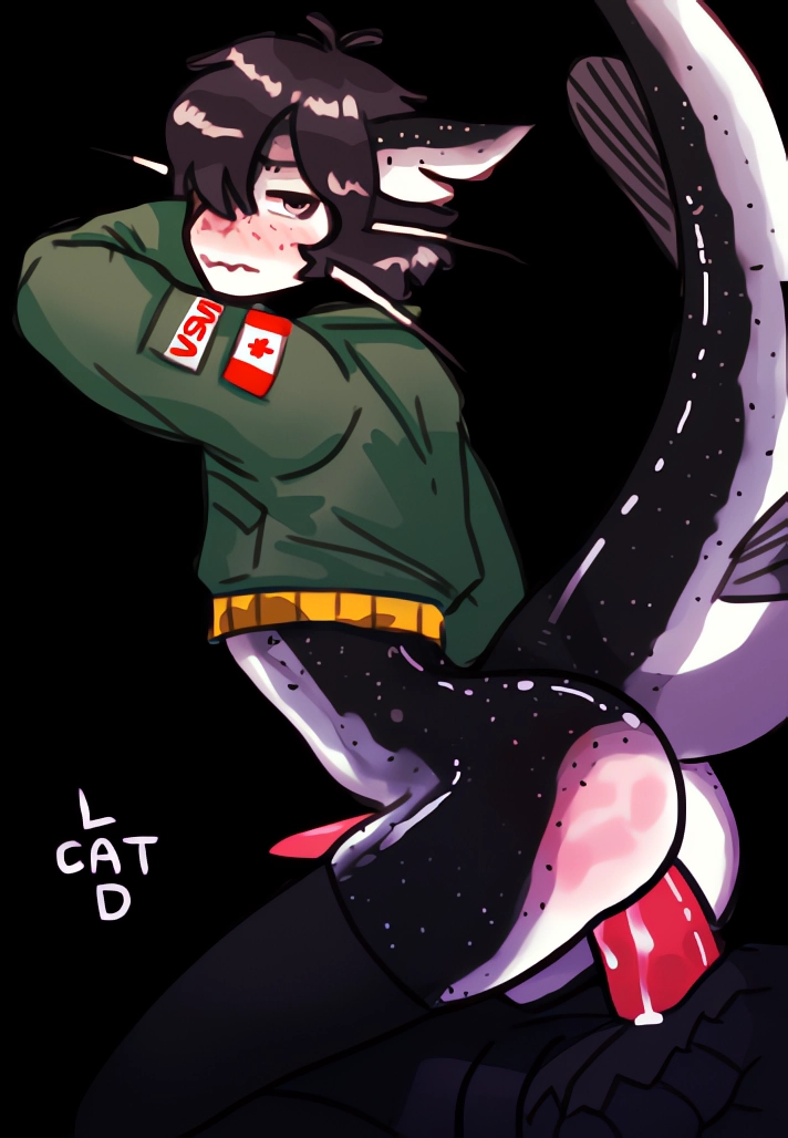 anal anthro arched_back barbel_(anatomy) big_penis black_body black_hair black_skin black_spots blush bodily_fluids bomber_jacket canada_flag catfish catlad clothing cum cum_inside fin fish fish_fin freckles genital_fluids genitals girly glistening glistening_body glistening_skin grey_eyes hair legwear looking_back male male/male marine medium_hair nasa on_bottom on_top otto_(catlad) pale_eyes penis pink_penis red_penis reverse_cowgirl_position scales sex short_hair signature simple_background sitting_on_penis slim solo spots tail thick_tail thigh_highs whiskers white_body white_skin white_spots