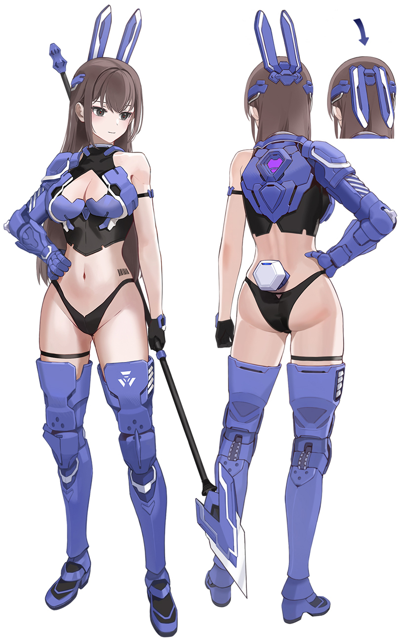 1girl animal_ears armored_boots arrow_(symbol) ass barcode black_panties boots breasts brown_hair cleavage fake_animal_ears groin hand_on_own_hip highres holding holding_polearm holding_weapon kfr long_hair medium_breasts multiple_views navel original panties polearm rabbit_ears simple_background single_bare_shoulder thigh_boots underwear weapon