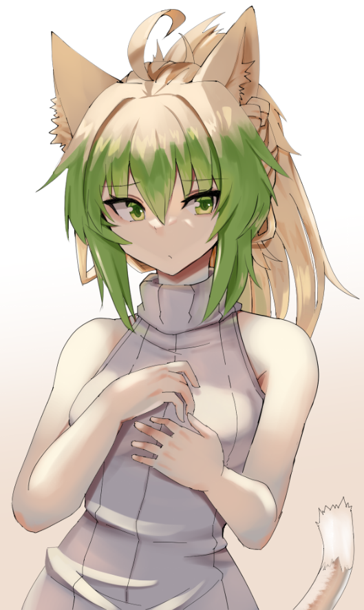 1girl ahoge alternate_hairstyle animal_ears atalanta_(fate) blonde_hair breasts closed_mouth fate/apocrypha fate/grand_order fate_(series) gradient_hair green_eyes green_hair hands_on_own_chest looking_at_viewer medium_breasts multicolored_hair nahu ponytail ribbed_sweater sidelocks simple_background sleeveless sleeveless_turtleneck solo sweater tail turtleneck turtleneck_sweater upper_body white_background white_sweater
